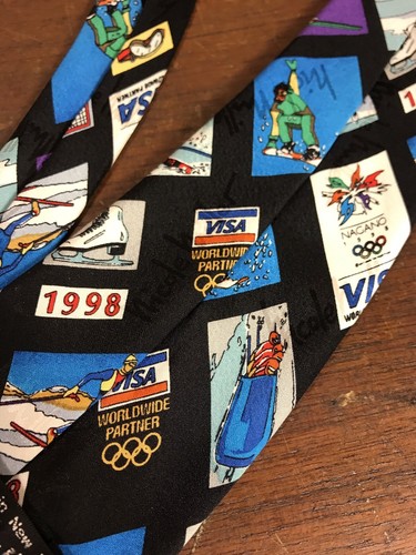 Nicole Miller Seidenkrawatte 1998 Olympische Winterspiele Visum handgenäht Vintage Nagano Japan - Bild 8 von 8