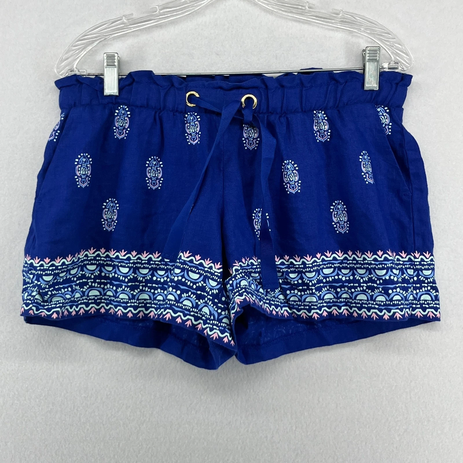 LILLY PULITZER Shorts M AREY Linen Woven Mid Rise Drawstring Waist Blue