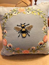 Embroidered 12 x 12" Decorative Bumblebee Throw Pillow/Made in India/Excellent