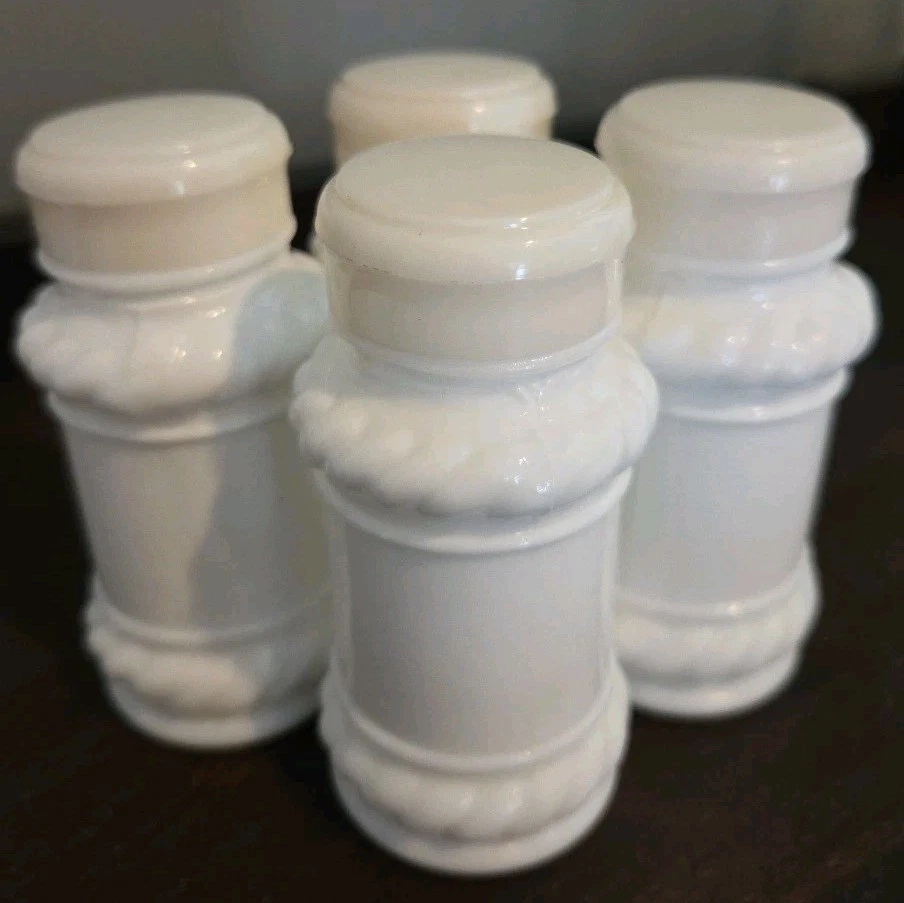 4 Vintage Apothecary Bottles Spice Jars White Milk Glass w/ Plastic Lids.