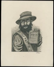 1940(c) JUDAICA COMIC ART-RABBI BY ARTIST A. KON WATER-COLOR AND JAPANESE INK