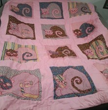Vtg Twin Size Cat Quilt Girls Bedspread Handmade Floral Gingham Pink For Repair