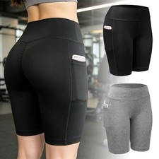 Womens High Waist Biker Shorts with Side Pockets Stretch Gym Running Yoga Shorts