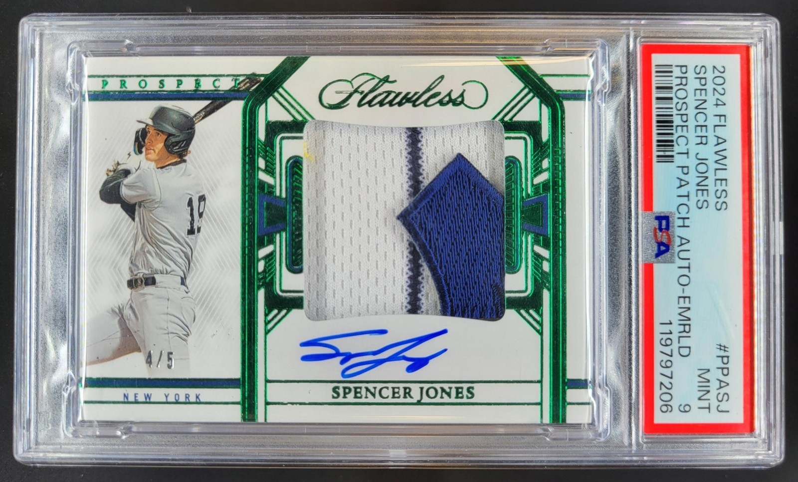 2024 Panini Flawless Spencer Jones Prospect Patch Auto Emerald /5 PSA 9 BH5 view 1