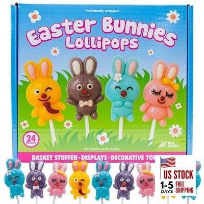 Easter Bunny Lollipops Candy 24ct, Strawberry, Blue Raspberry, Grape, and 