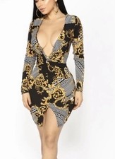 Fashion Nova Gold and Black Asymmetrical Twist And Turn Up Deep-V Dress Size L