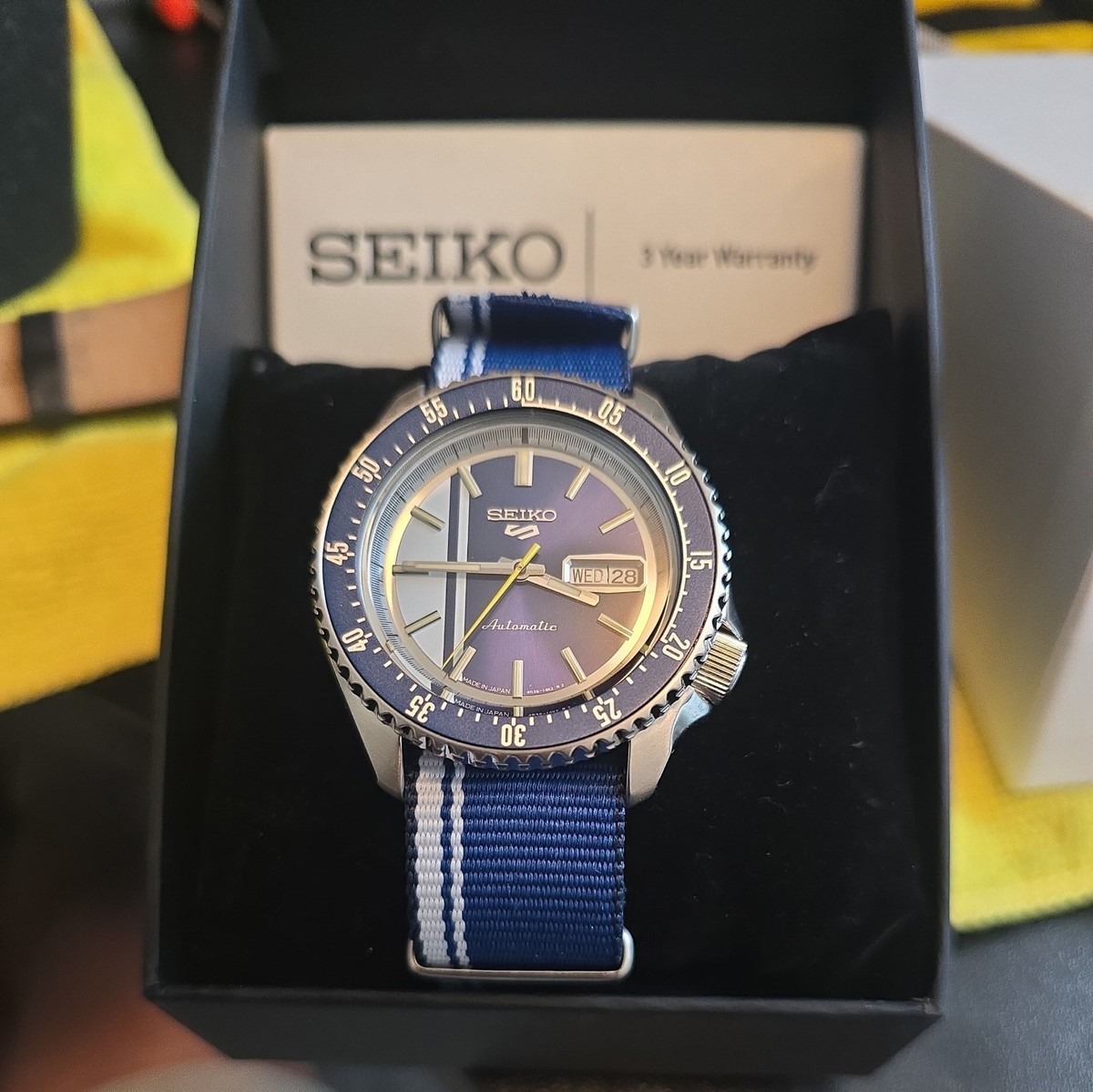 Seiko 5 Sports U.S Special Blue Dial Blue and white striped nylon