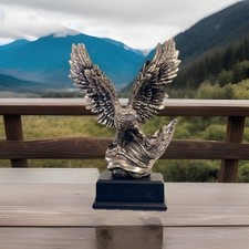 Silver Elegant Electroplated Resin Eagle Statue Black Base 10" tall 7" wingspan
