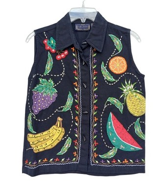Life Style Embroidered Beaded Applique Vest Linen Blend Size Small Bright Fruits