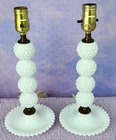 White Milk Glass Hobnail Parlor Vanity Dresser Table Lamp Set Pair MCM Vintage