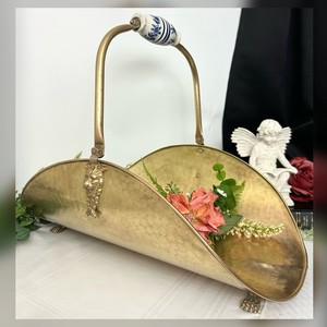 Vintage Brass Fireplace Log Holder Lion Paw Feet Delft Blue Handle Large