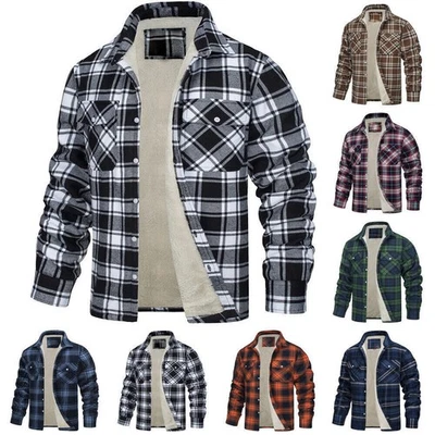 MENS CHECK COAT FLEECE FUR LUMBERJACK WORK JACKET WARM THICK CASUAL TOP