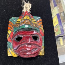 VINTAGE HAND CARVED PAINTED WOOD MAYAN AZTEC GOD TIKI MASK WALL HANGING 4.5