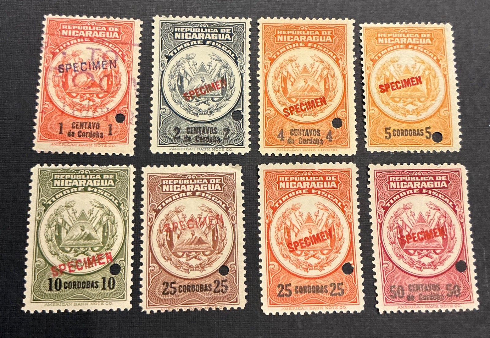 1925 Nicaragua Specimen Overprint Revenue Stamps (8) MNH