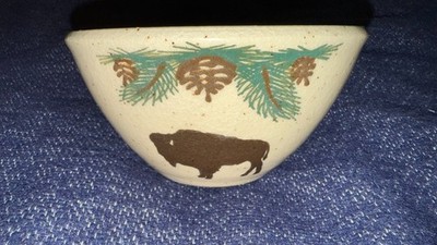 Boot Hill Pottery Pinecone & Buffalo Bowl Decor Green Brown Beige Signed