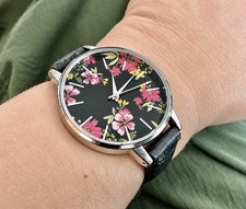 Vintage Ladies New Look Wristwatch ~ Black Dial With Cherry Blossoms/Wild Roses