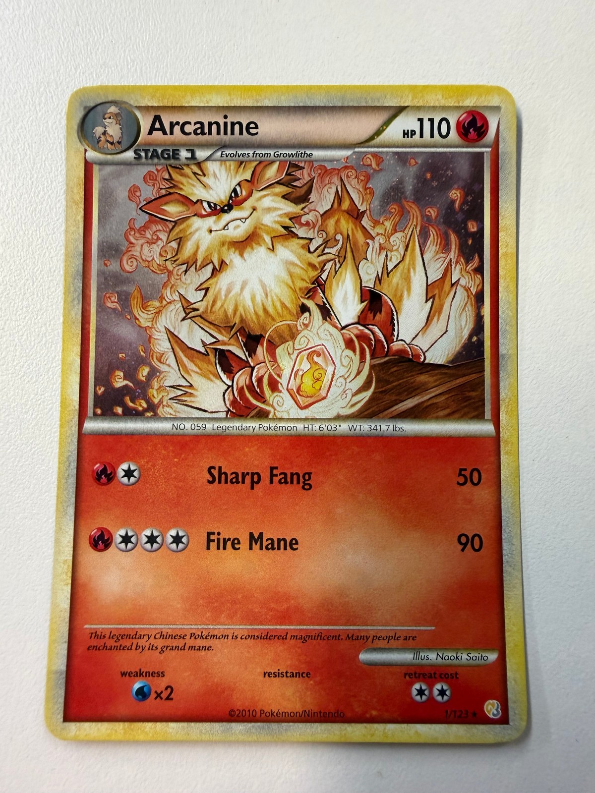 Pokemon TCG Arcanine 1/123 HeartGold & SoulSilver Holo Rare L@@K!