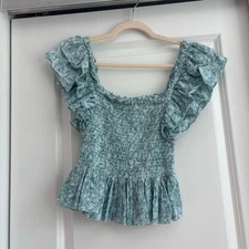 Love the Label Anthropologie Smocked Ruffle Flutter Sleeve Crop Top Tank Sz S