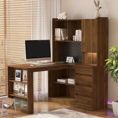 L Shaped Computer Desk with LED Light, USB Charger & Power Outlets, 46