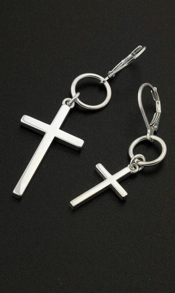 14K White Gold Plated Huggie Hoop Earrings Cross Women's 925 Sterling Silver