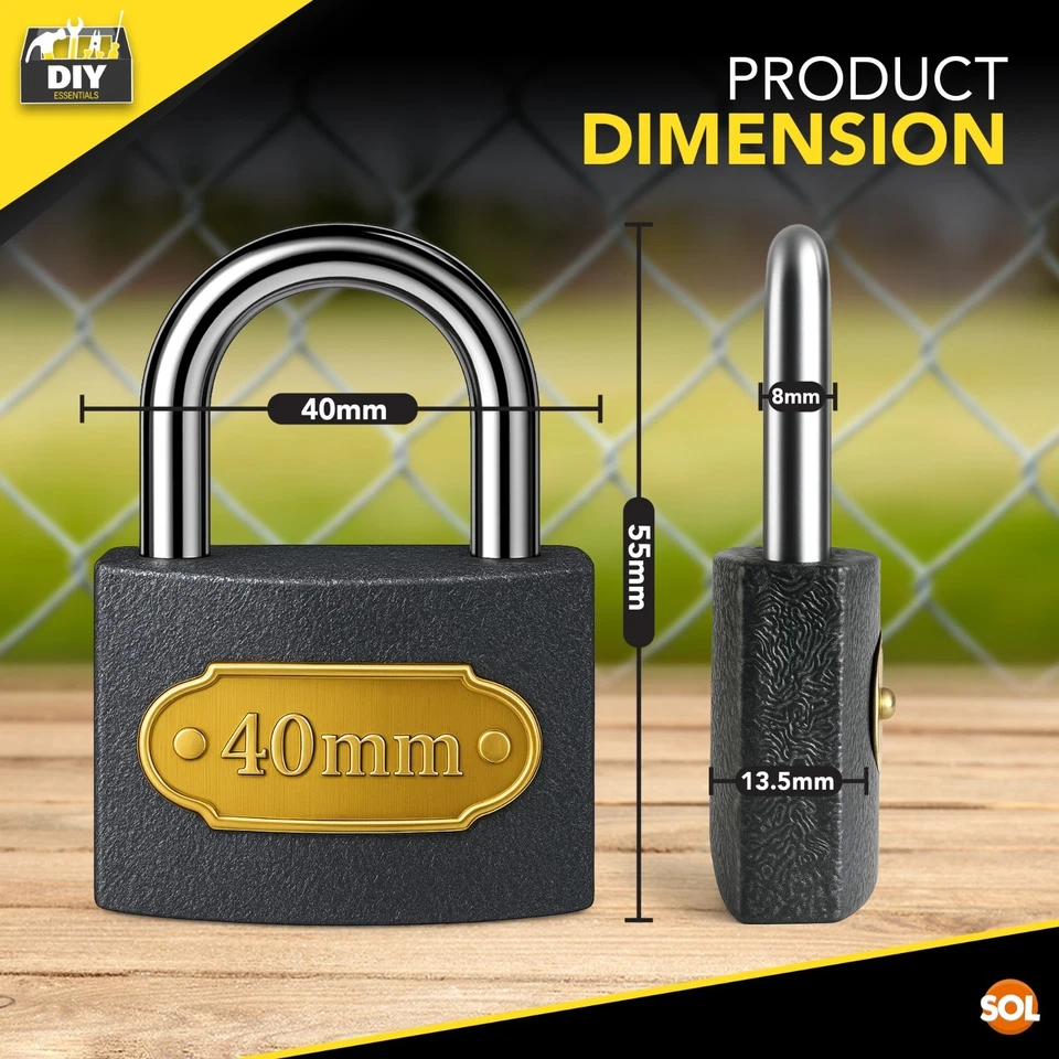 SOL 2pk Heavy Duty Padlocks 40mm Outdoor Security Locks With Keys Shed Gate - Image 2 of 4