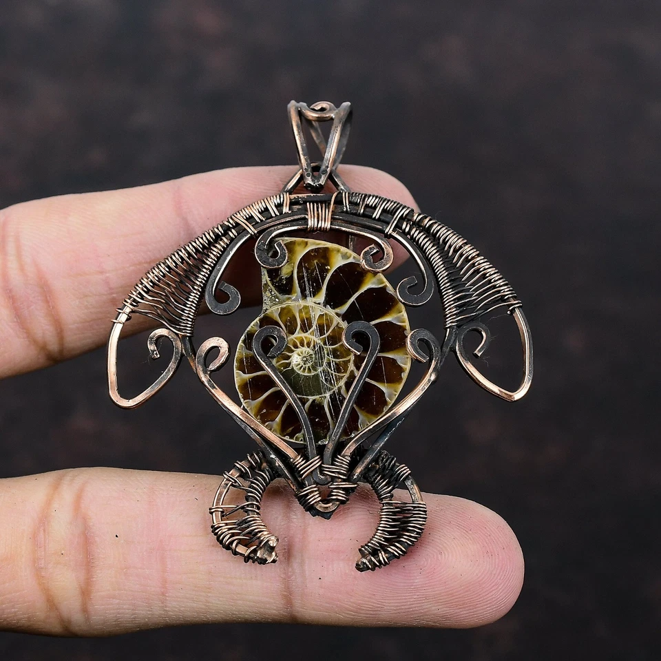 Regalo Para Ella Cobre Amonita Fósil Joyería Alambre Envuelto Tortuga Colgante 2.56" Foto 2 de 4