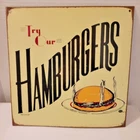 VINTAGE Mummer METAL USA Made Tin Sign "Try Our Hamburgers" Advertising Retro