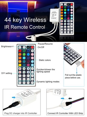 44keys Wireless IR Remote Controller For DC 12V 5050 3528 RGB LED Light ...