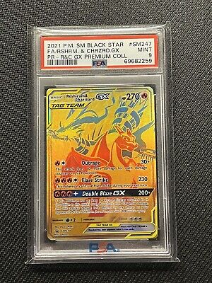 PSA 9 Pokémon Reshiram & Charizard GX SM247 Gold Promo Premium Collection