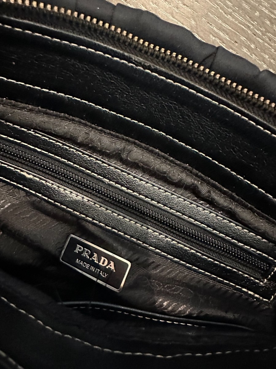 AUTH PRADA Milano made in Italy ruffled leather trimmed small bag 