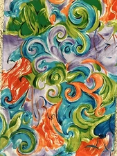 Lovely Vintage Swirls Silky Womans Scarf ~10" x 59"~Purple Orange Green Aqua