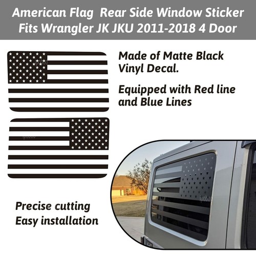 Calcomanía de vinilo negra bandera de Estados Unidos para Jeep Wrangler 2011-18 cuarto lateral ventanas - Imagen 4 de 7