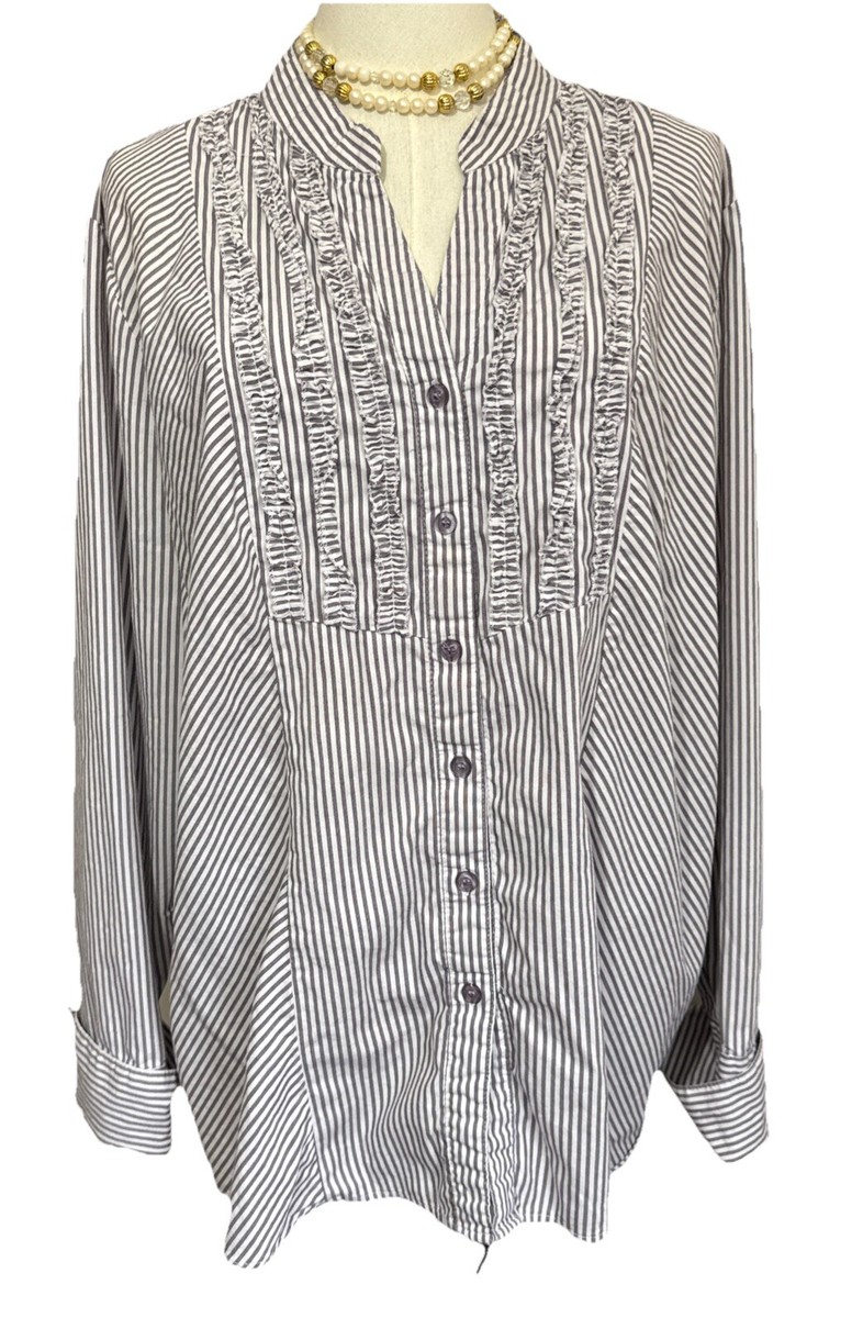 Vintage Button Up Ruffle Striped Shirt Purple White Long Sleeve Sz