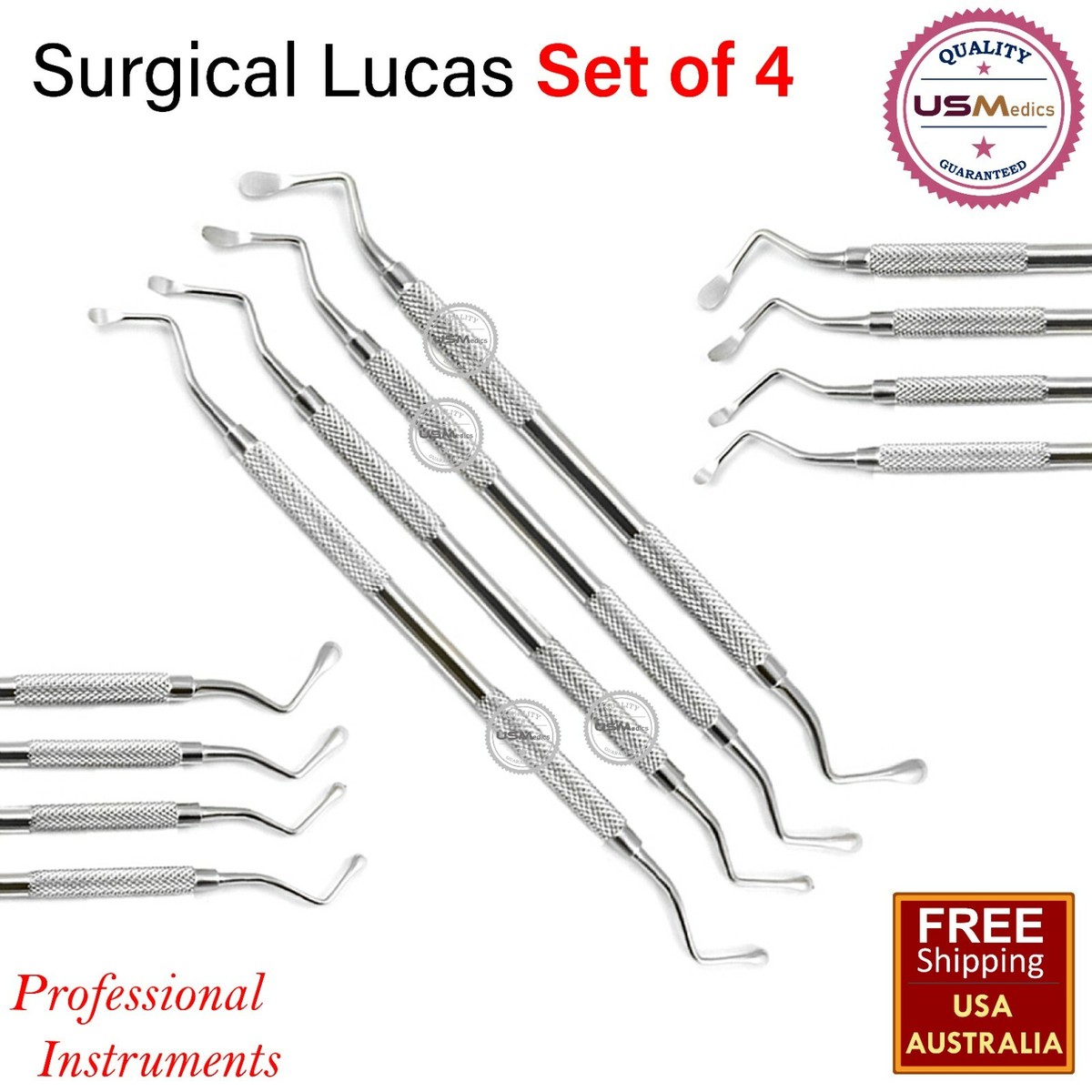 Premium 4-Piece Lucas Surgical Periodontal Curette Set - Dental Instruments For Scaling & Root Planing