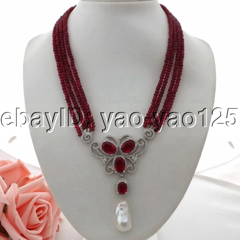 "Collar K062306 19"" 4 hilos de jade rojo blanco perla Keshi circonita cúbica colgante pavé" Foto 3 de 4