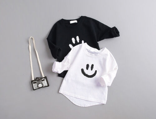 Baby Girls Boys Long Sleeve Shirts Infants Kids Black White Round Neck T-shirts - Picture 11 of 12