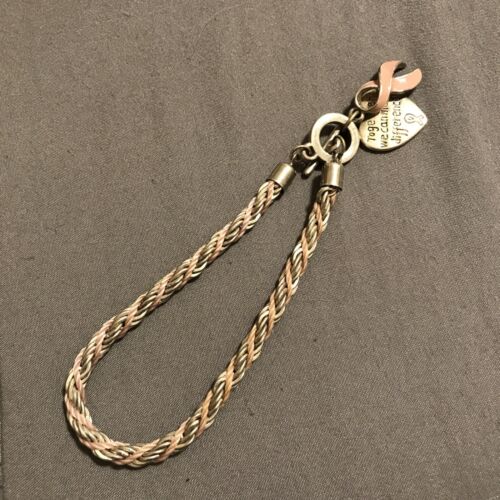 Breast Cancer Awareness Bracelet Silver & Pink Mixed Charm Toggle Silver Toned - Picture 2 of 4