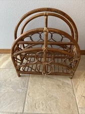 Vintage Bent Wood Rattan Bamboo Magazine Rack Holder Boho Newspaper Decor