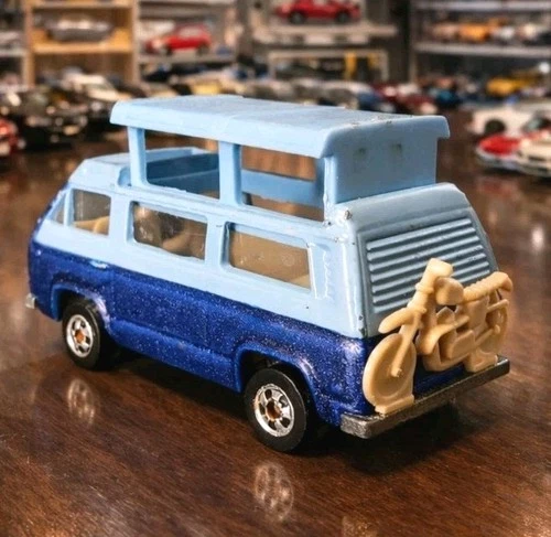 VTG Hot Wheels VW Sunagon Camper Van 1981 Removable Roof & Motorcycle Blue 1/64