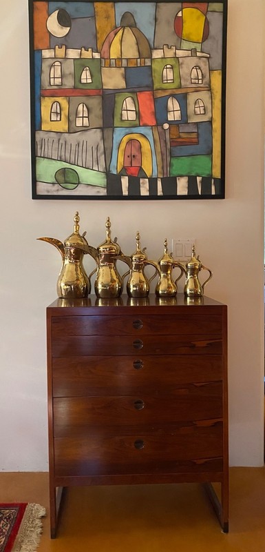 Vintage Brass Saudi Arabia Bedouin Coffee Pots Graduated Old Stamps (Lot of 5)