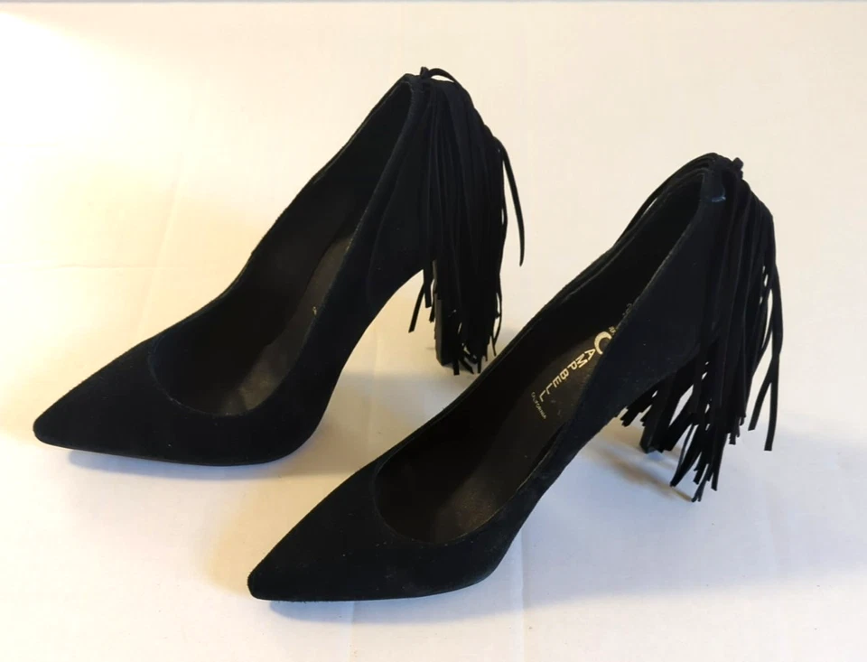 Jeffrey Campbell Tacones de Gamuza Negros Talla 6 Flecos Fiesta Hora Hada Gótica Coqueta Foto 3 de 4