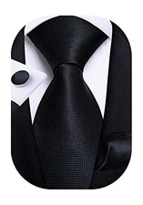 Mens Solid Color Tie and Pocket Square Set Woven Silk Plain Solid Black