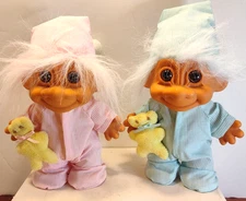 Pair of Russ Trolls Dolls in Pajamas Holding Teddy Bears - Blue & Pink Striped