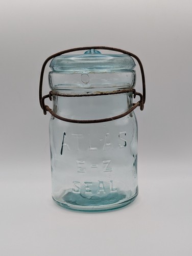 Vintage Atlas E-Z Seal Blue Glass Quart Canning Jar w/ Glass Lid & Wire Bale