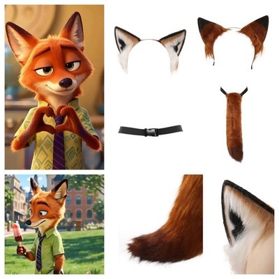 Zootopia 2 Nick Wilde Fox Ears Headband And Tail Accessories Halloween Cosplay