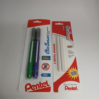 Lot VTG Pentel Clic Retractable Pen Shaped Erasers ZE21TB2M + Refill Sealed NOS