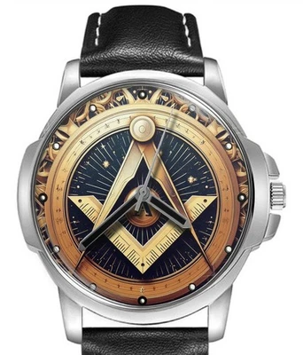 Freimaurer Quadratisch und Kompass 1 Lederarmband Big Ziffernblatt Armbanduhr - Bild 1 von 4