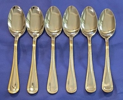 6 pc INTERNATIONAL Royal Bead Gold Accent Dinner Oval Soup Spoons Stainless