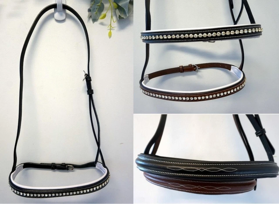 EQUITEM Cavesson Noseband For English Bridle FULL /COB Fancy Stitch/ Crystal Brown/Blak
