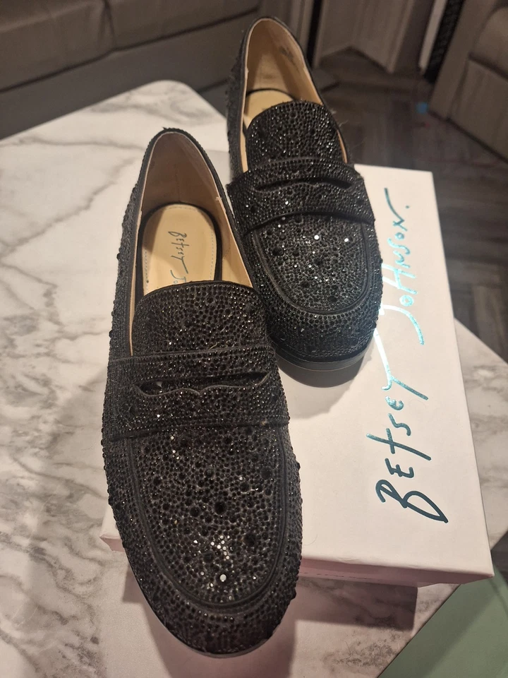 Betsy Johnson Penny Loafers Black Rhinestone Aron Fabric Glass Sparkle Size 8.5M - Image 2 of 4
